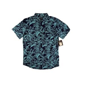 O'Neill Mens Shoreside Short Sleeve Button Shirt Navy Blue Tropical Leaf Small